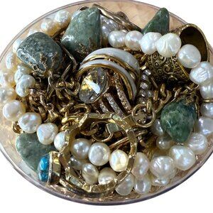 Gold Tone & Pearl 1lb 2.8oz Wearable Mystery Jewelry Lot With Chains Beads